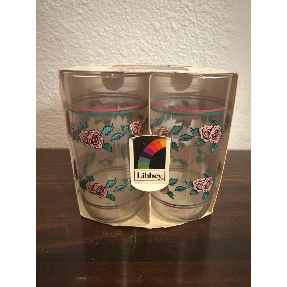 Vintage Libbey Pink Rose Floral‎ Glass Tumbler Set 4 Piece 13oz Retro Drinkware